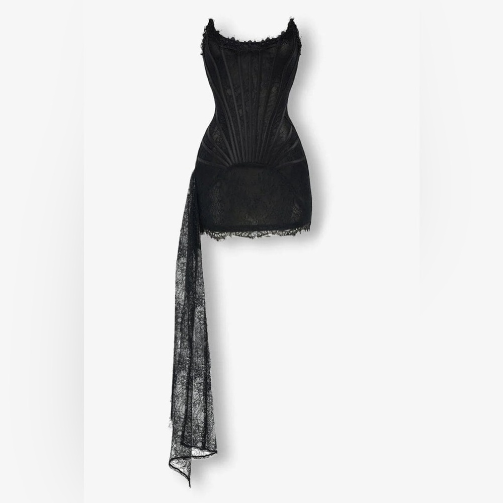Heiress Beverly Hills BLACK LACE MESH CORSET DRAPE MINI DRESS - Small